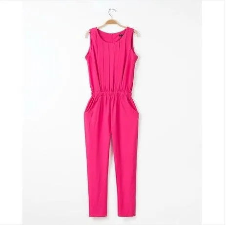 OL Plus Size Women Clothing Slim Pleated Sleeveless Chiffon Fashion Casual Jumpsuit