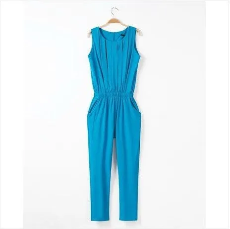 OL Plus Size Women Clothing Slim Pleated Sleeveless Chiffon Fashion Casual Jumpsuit