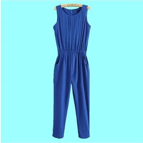 OL Plus Size Women Clothing Slim Pleated Sleeveless Chiffon Fashion Casual Jumpsuit