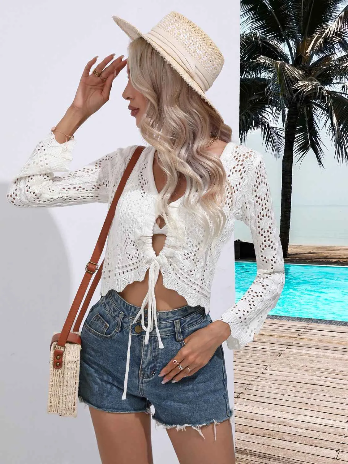 Openwork Cover-Up: Drawstring V-Neck Long Sleeve Style