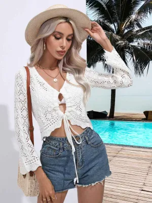 Openwork Cover-Up: Drawstring V-Neck Long Sleeve Style