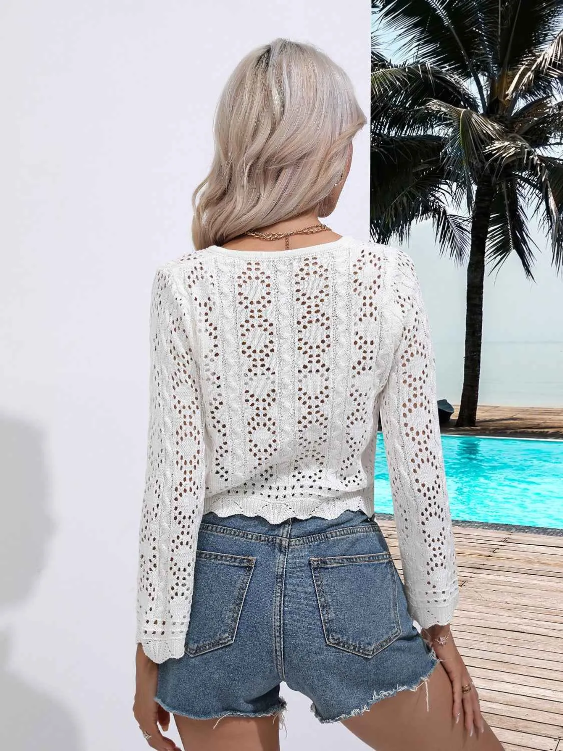Openwork Cover-Up: Drawstring V-Neck Long Sleeve Style