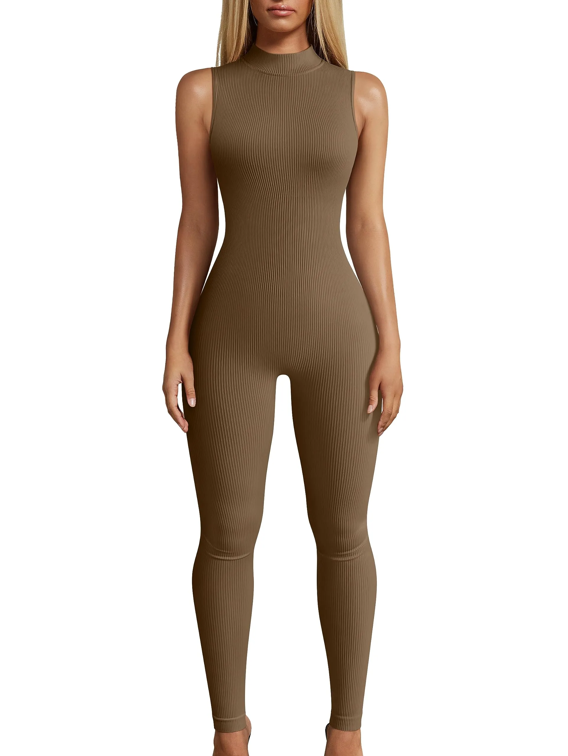 OQQ Women Yoga Jumpsuits Workout Ribbed Sleeveless High Neck Tops Sport Jumpsuits