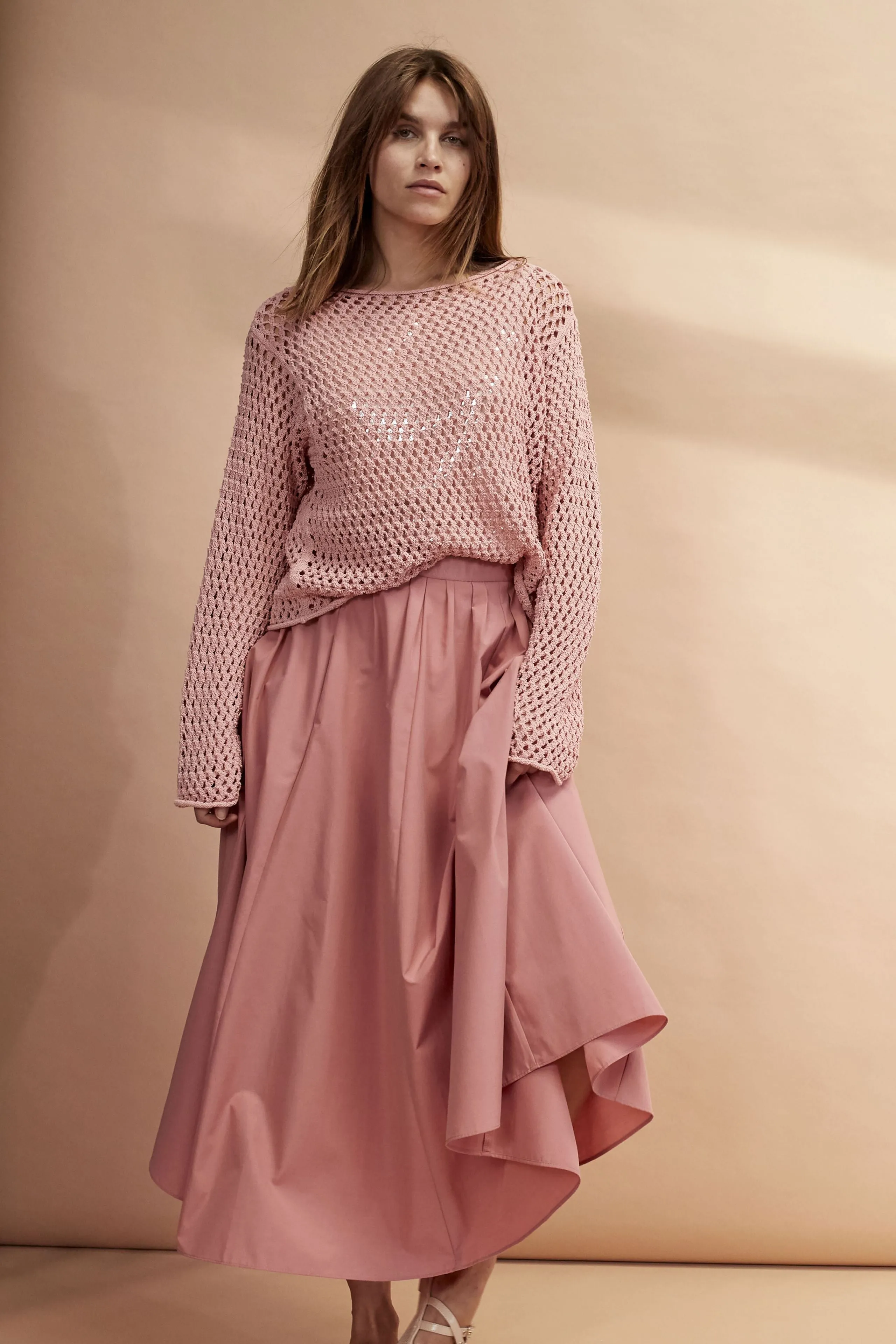 Oui Pink Mesh Knit Long Sleeve Top