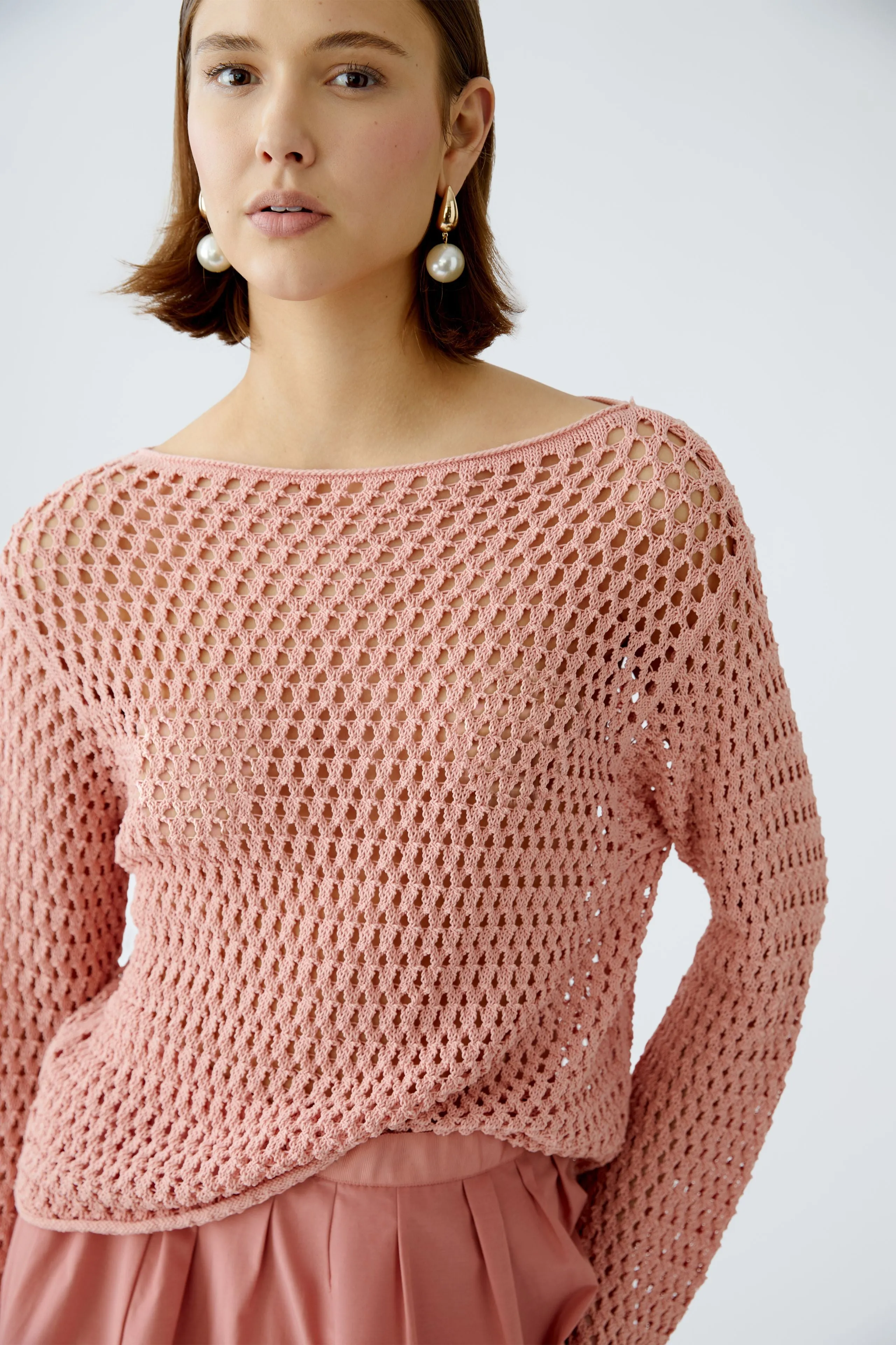 Oui Pink Mesh Knit Long Sleeve Top