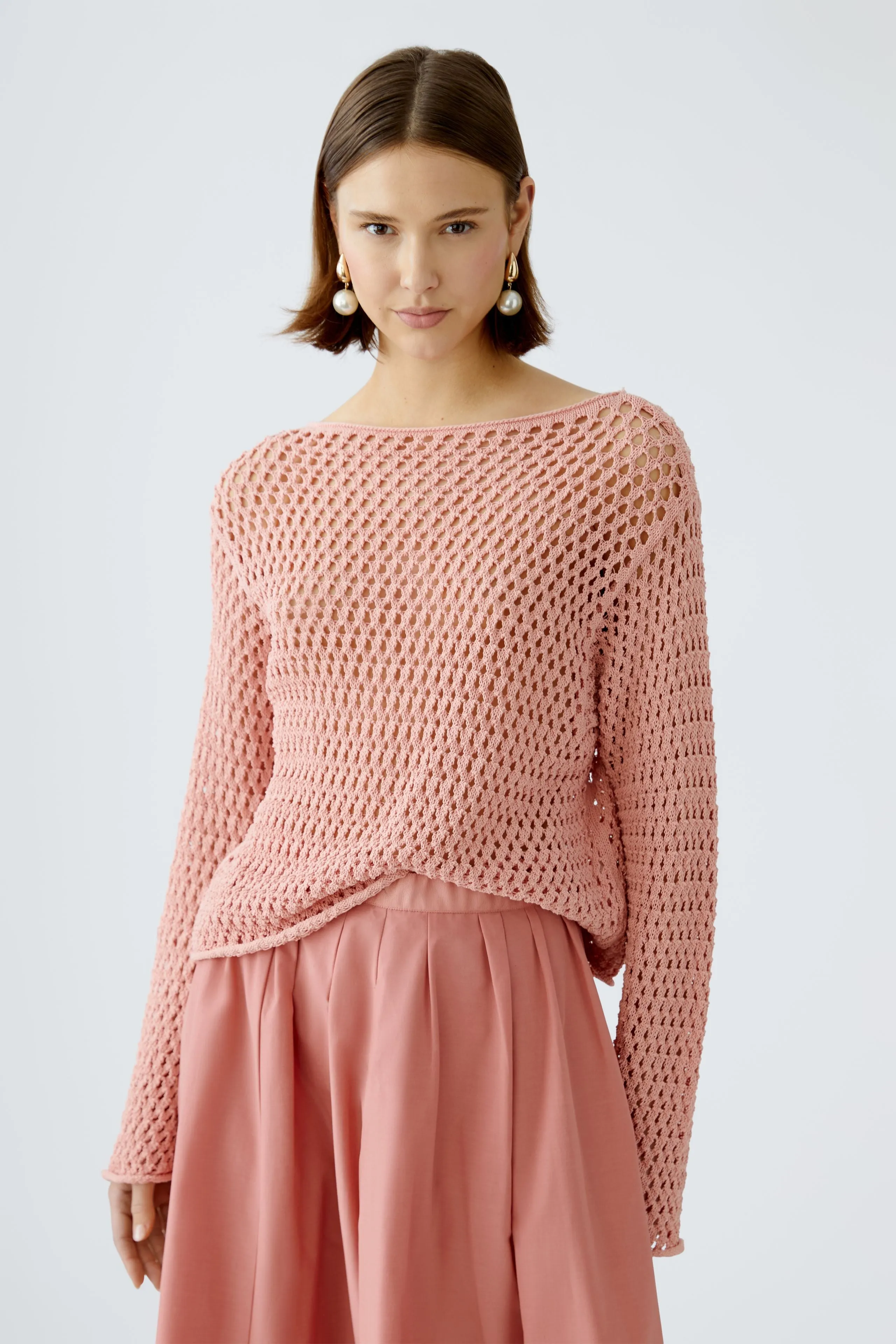 Oui Pink Mesh Knit Long Sleeve Top