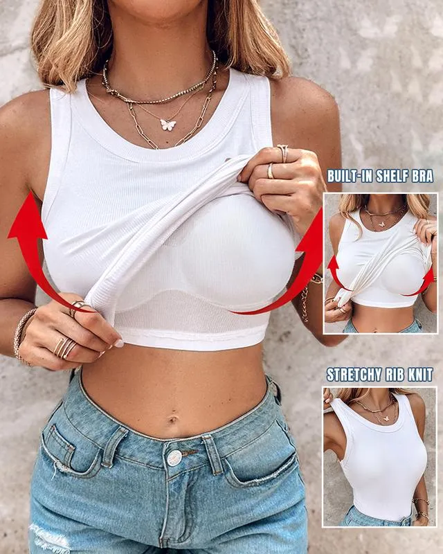 Owronline - Round Neck Ribbed Tank Top With Built-in Bra