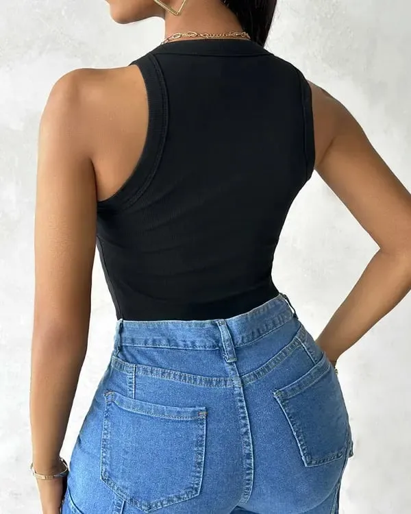 Owronline - Round Neck Ribbed Tank Top With Built-in Bra