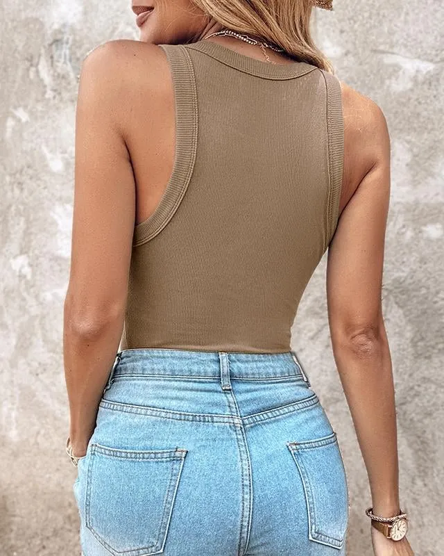 Owronline - Round Neck Ribbed Tank Top With Built-in Bra