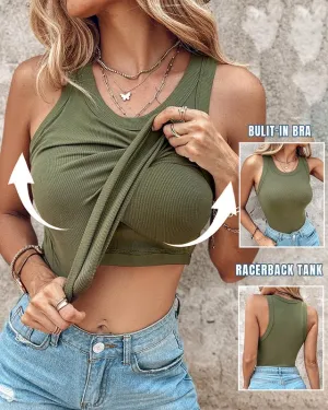 Owronline - Round Neck Ribbed Tank Top With Built-in Bra