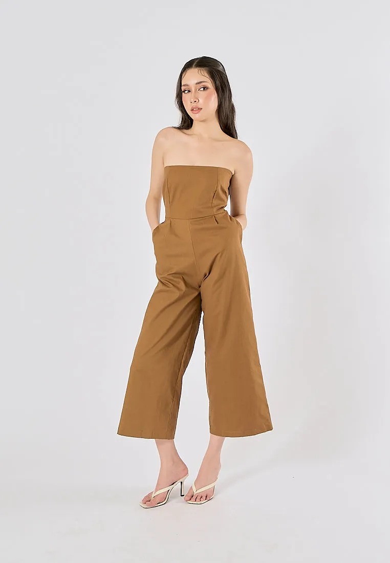 Paloma Wood Brown Smocked Back Square Cut Tube Jumpsuit