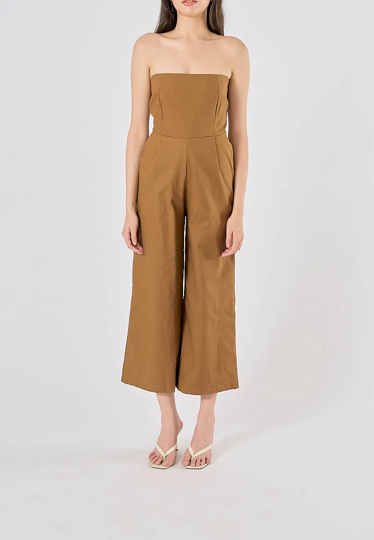 Paloma Wood Brown Smocked Back Square Cut Tube Jumpsuit