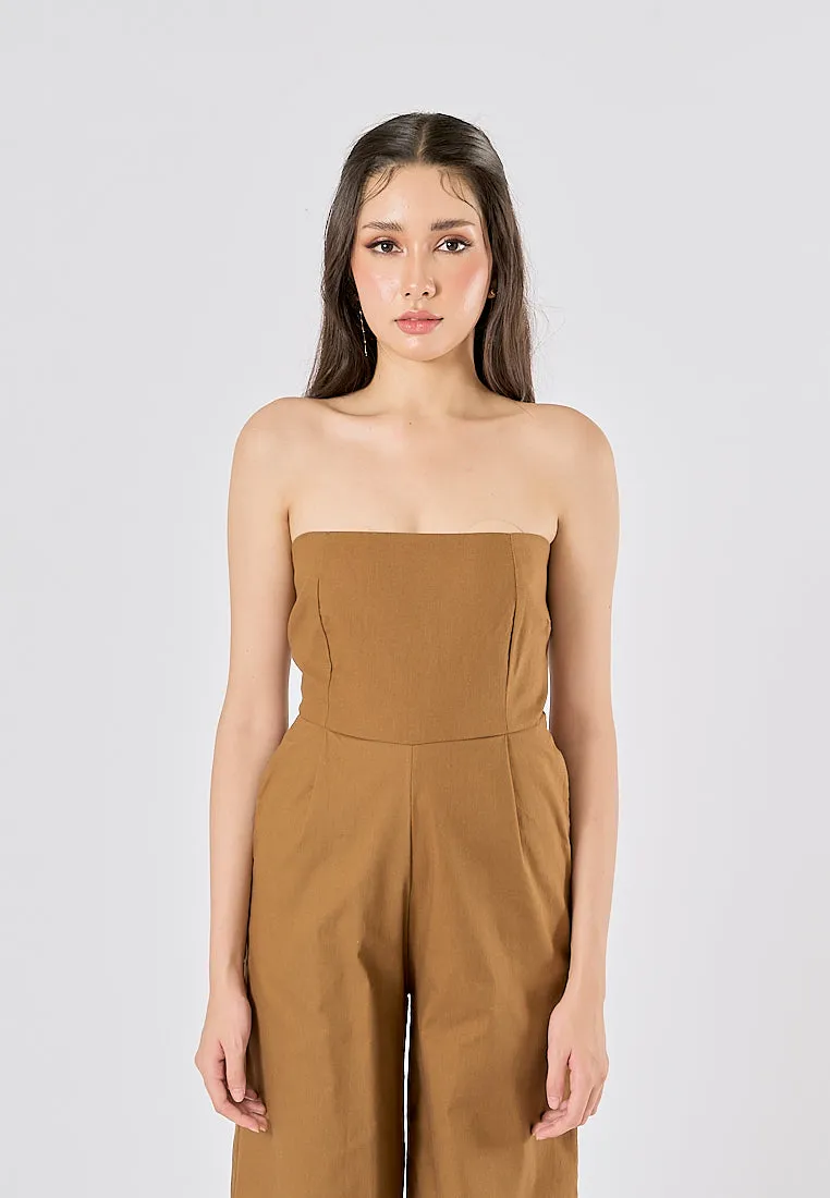 Paloma Wood Brown Smocked Back Square Cut Tube Jumpsuit