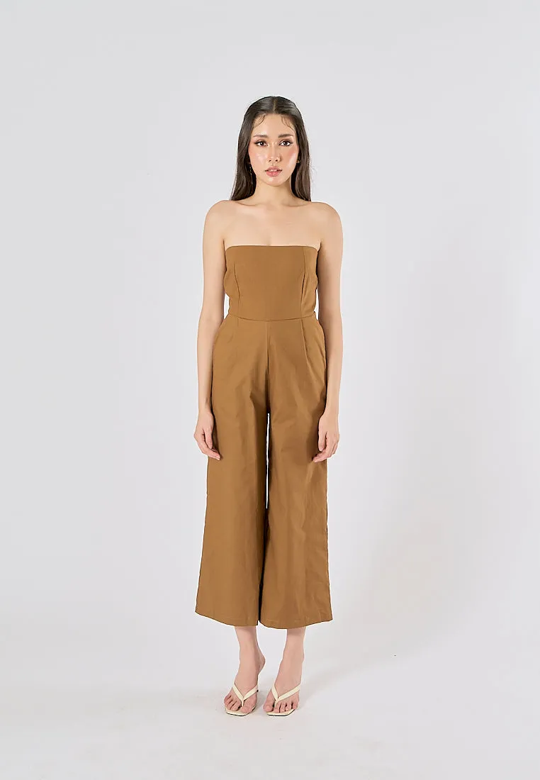 Paloma Wood Brown Smocked Back Square Cut Tube Jumpsuit