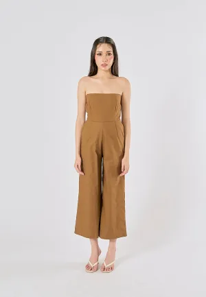 Paloma Wood Brown Smocked Back Square Cut Tube Jumpsuit