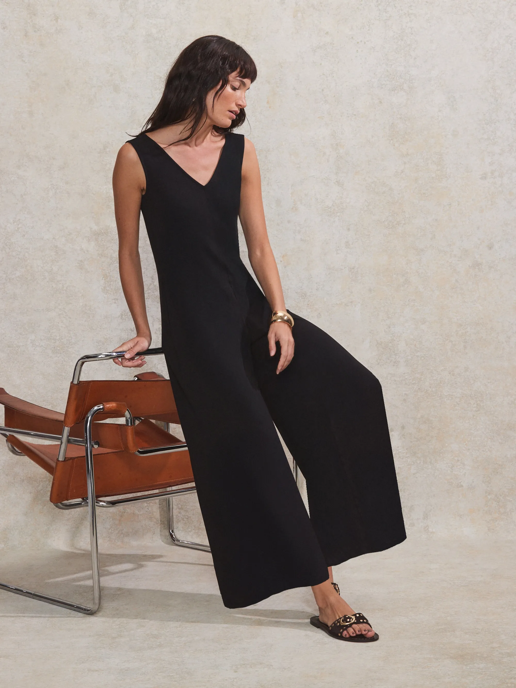 Petite Black Jersey V Neck Jumpsuit