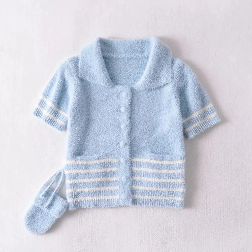 Pile Collar Knit Single-breasted Pocket Mohair Sweater Cardigan