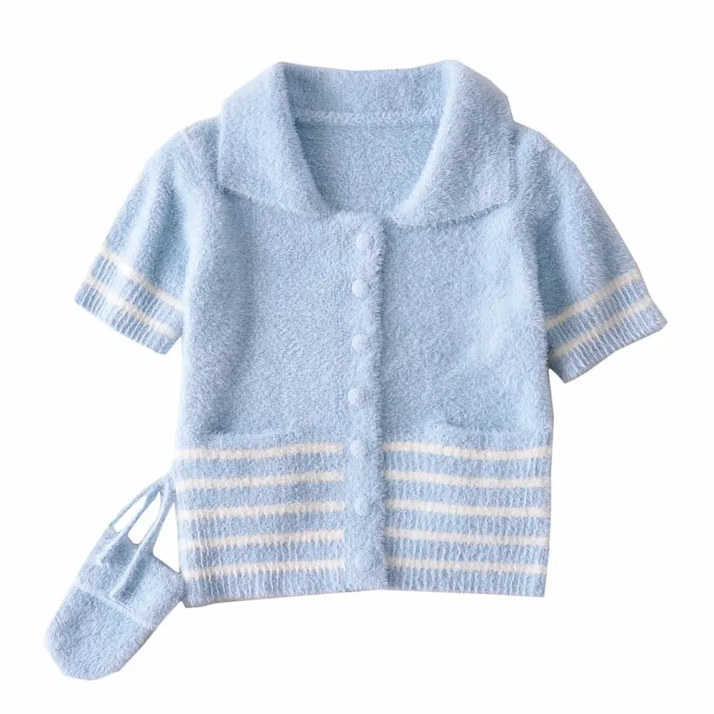 Pile Collar Knit Single-breasted Pocket Mohair Sweater Cardigan