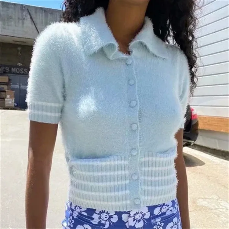 Pile Collar Knit Single-breasted Pocket Mohair Sweater Cardigan