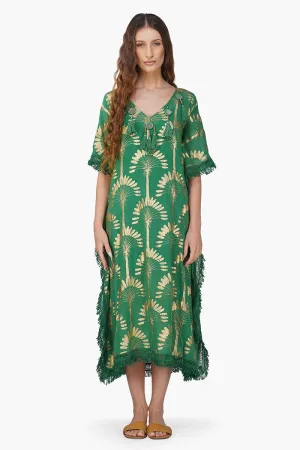 Pine Green Palm Foil Tassel Kaftan