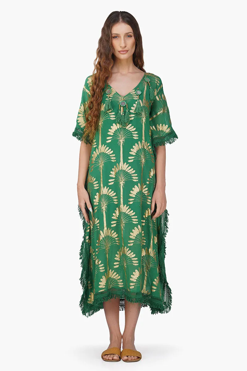 Pine Green Palm Foil Tassel Kaftan