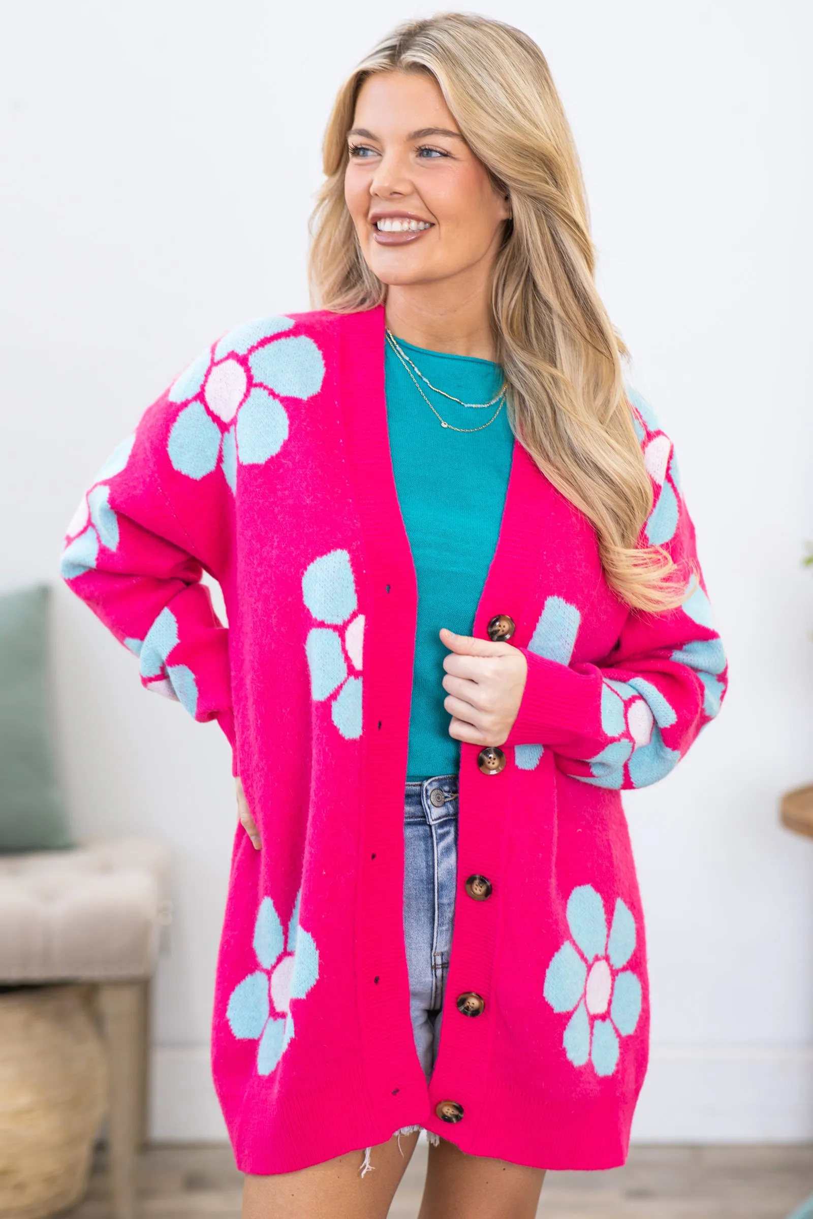 Pink Floral Print Intarsia Button Up Cardigan