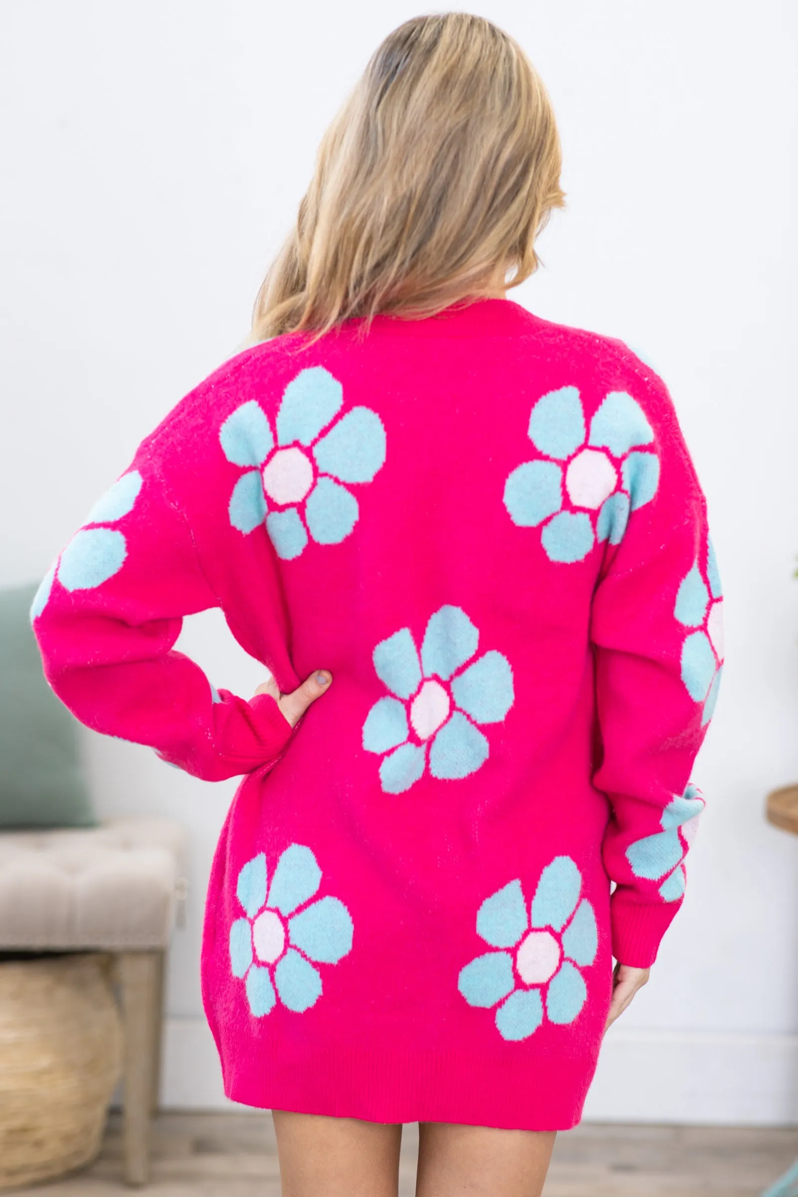 Pink Floral Print Intarsia Button Up Cardigan