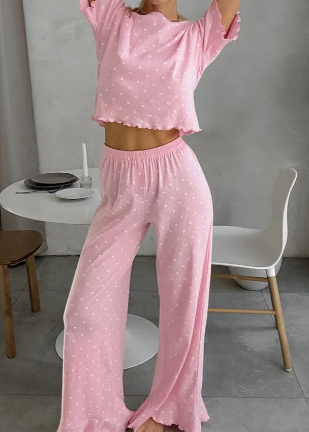Polka Dot Lounge Set with Ruffle Hem