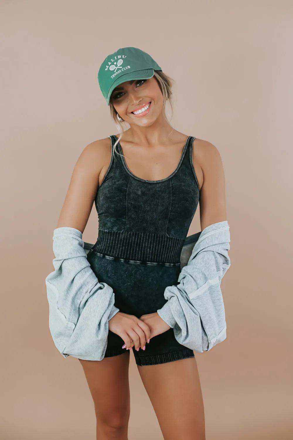 Power Mode Cami Romper, Ash Black