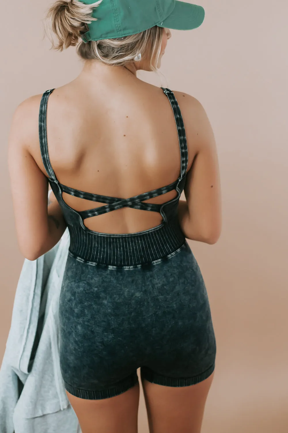 Power Mode Cami Romper, Ash Black