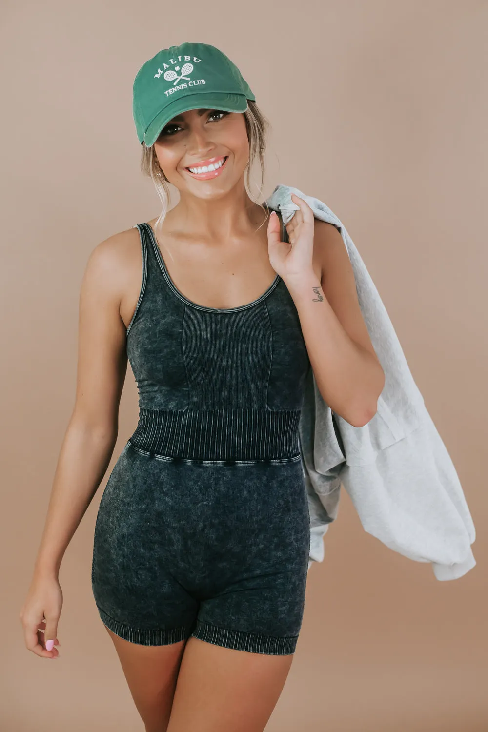 Power Mode Cami Romper, Ash Black