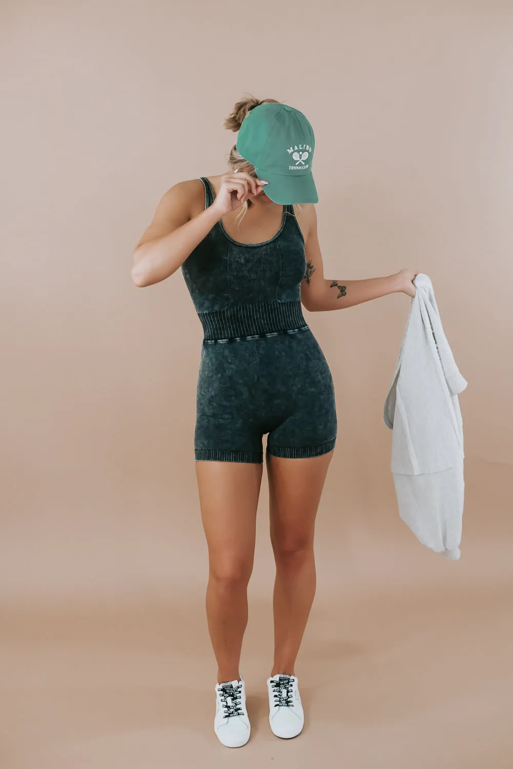 Power Mode Cami Romper, Ash Black