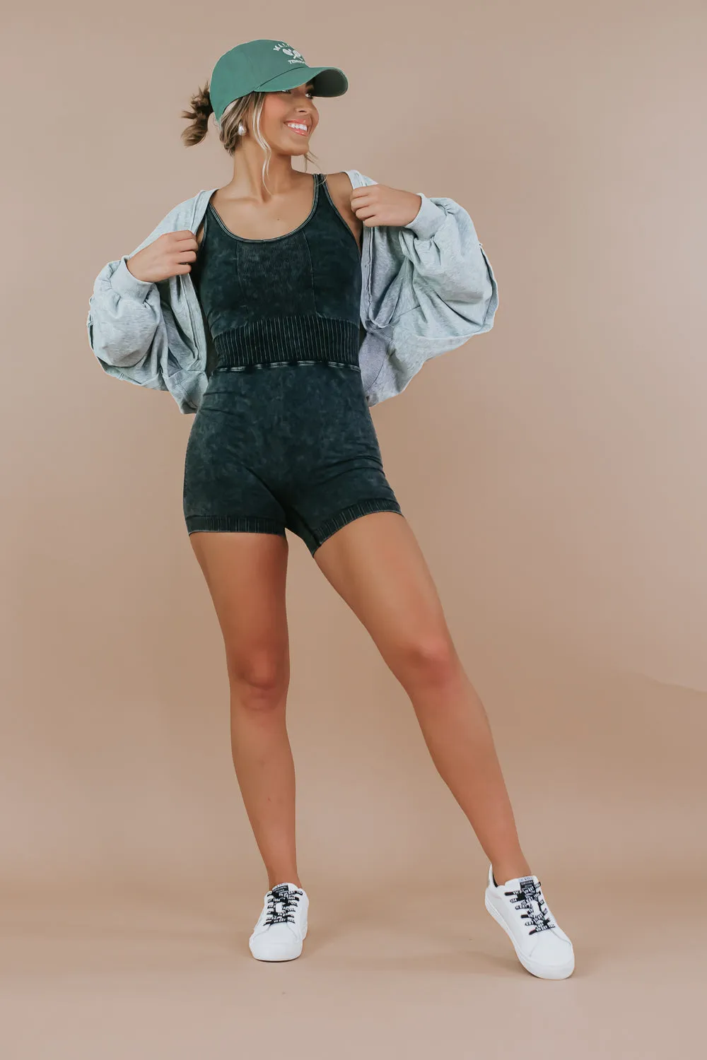 Power Mode Cami Romper, Ash Black