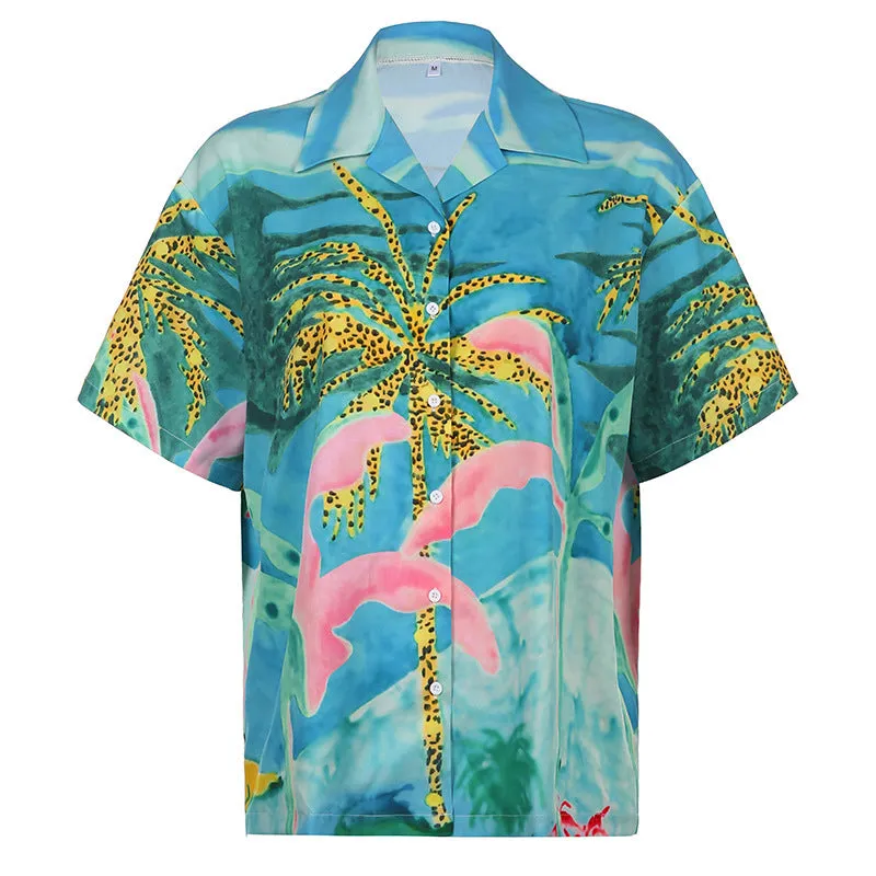 Printed Loose Lapel Short Sleeve Shirt