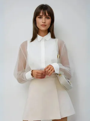 Puff Sleeve Lapel Organza Transparent Top