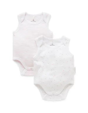 Purebaby Organic Singlet Bodysuit 2 Pack - White Spot & Pale Pink Mélange Stripe