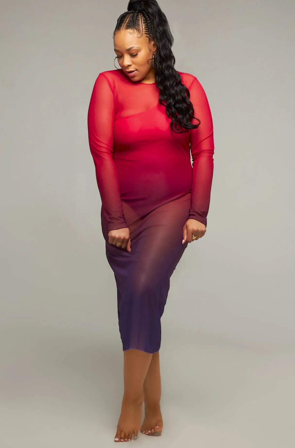 Purple Horizon Midi Long-Sleeve Mesh Cover-up Dress (Pre-Order)