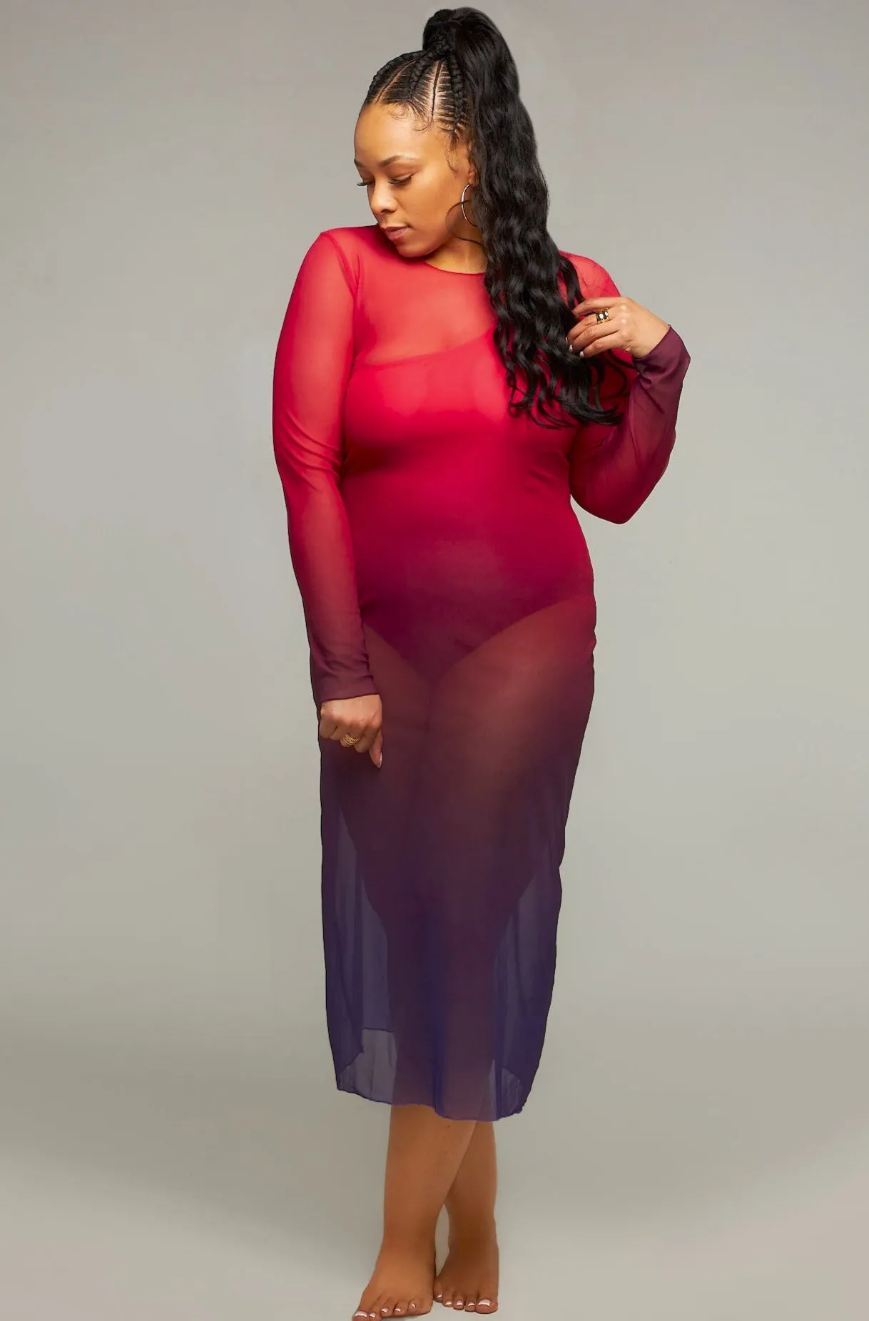 Purple Horizon Midi Long-Sleeve Mesh Cover-up Dress (Pre-Order)