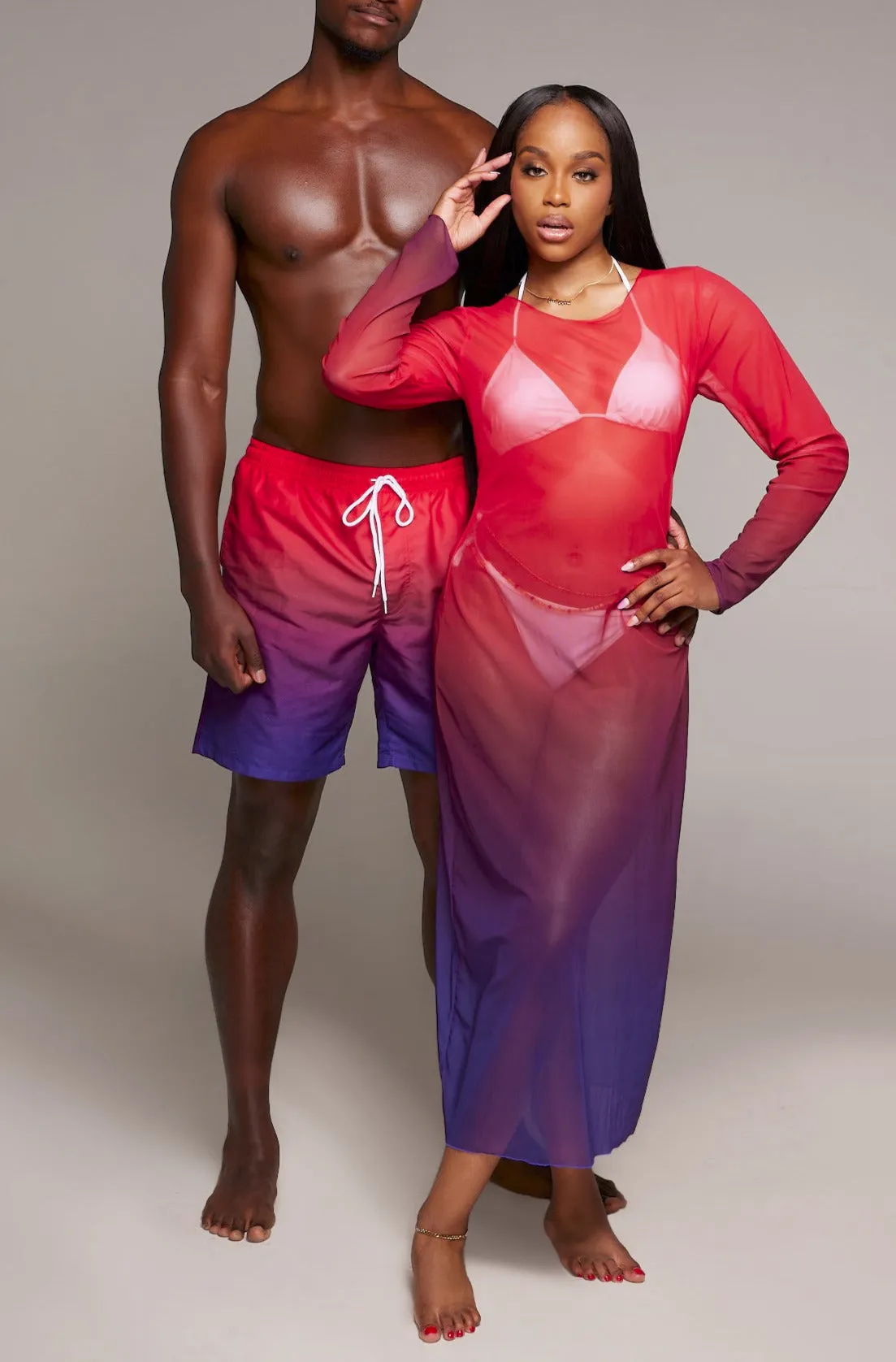 Purple Horizon Midi Long-Sleeve Mesh Cover-up Dress (Pre-Order)