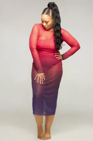 Purple Horizon Midi Long-Sleeve Mesh Cover-up Dress (Pre-Order)