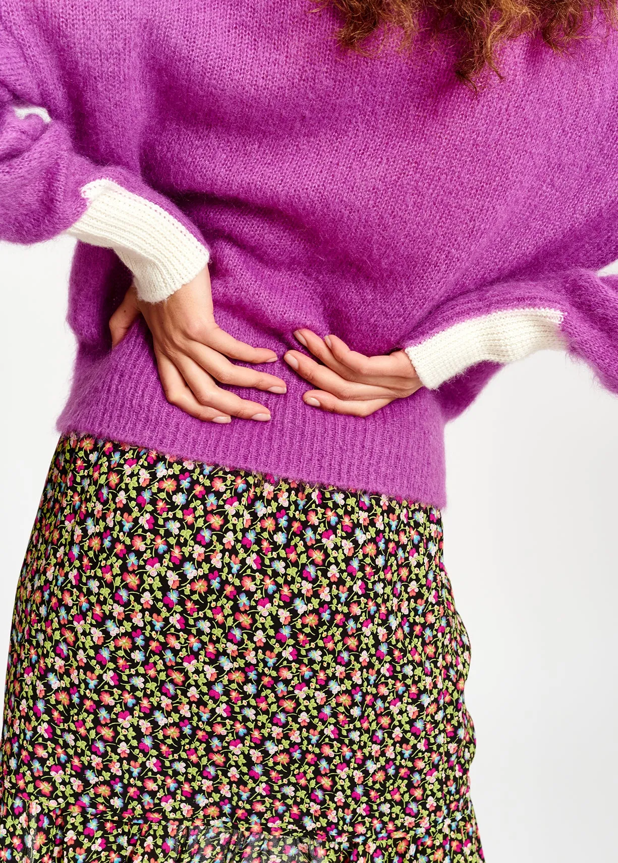 Purple light knit sweater with contrasting cuffs