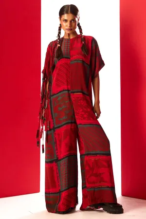 Red Printed Round Neck Jumpsuit