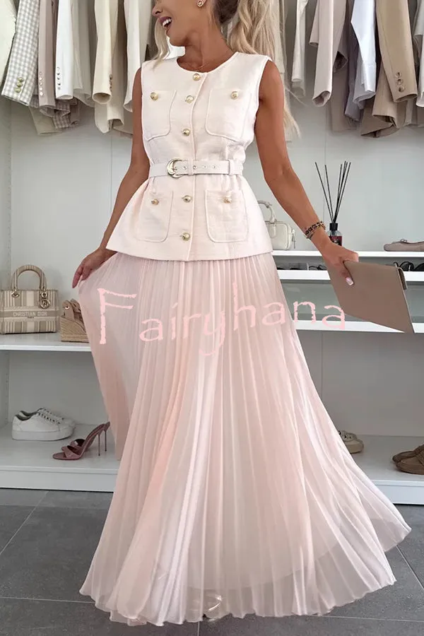 Relaxed and Elegant Round Neck Button Up Belted Pocket Loose Vest