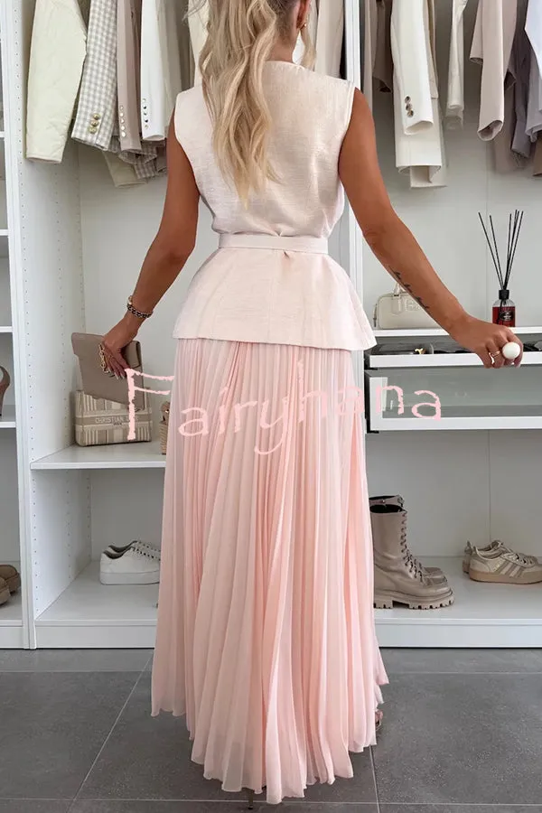 Relaxed and Elegant Round Neck Button Up Belted Pocket Loose Vest