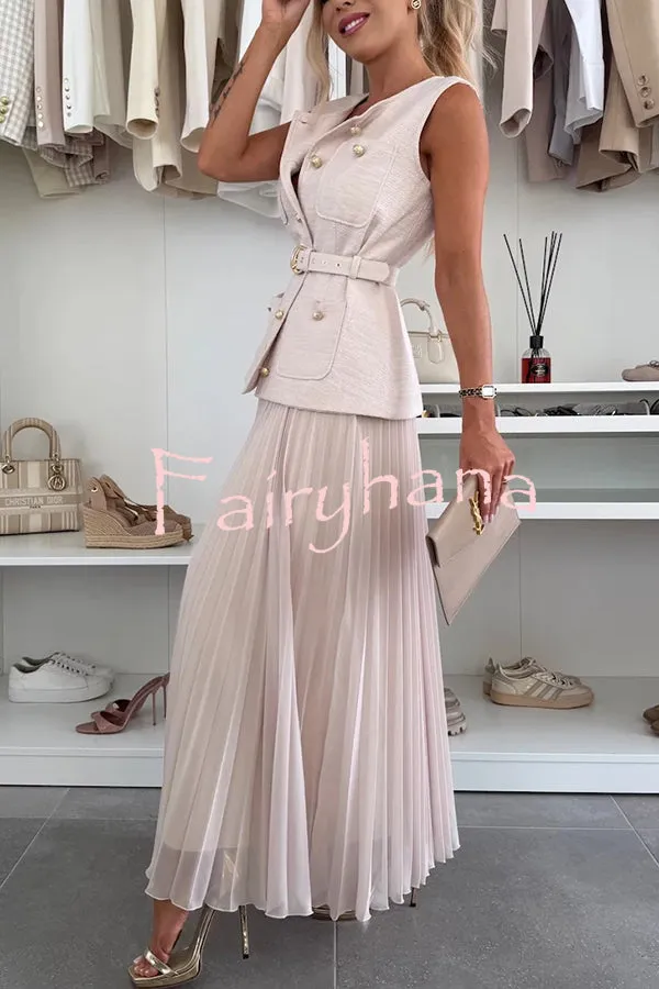 Relaxed and Elegant Round Neck Button Up Belted Pocket Loose Vest