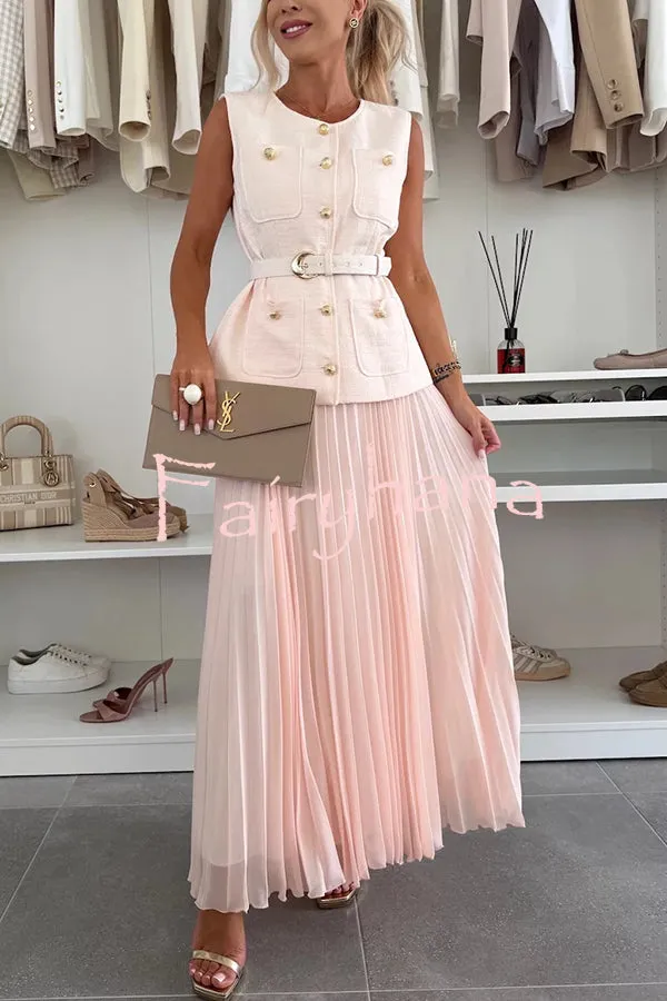 Relaxed and Elegant Round Neck Button Up Belted Pocket Loose Vest
