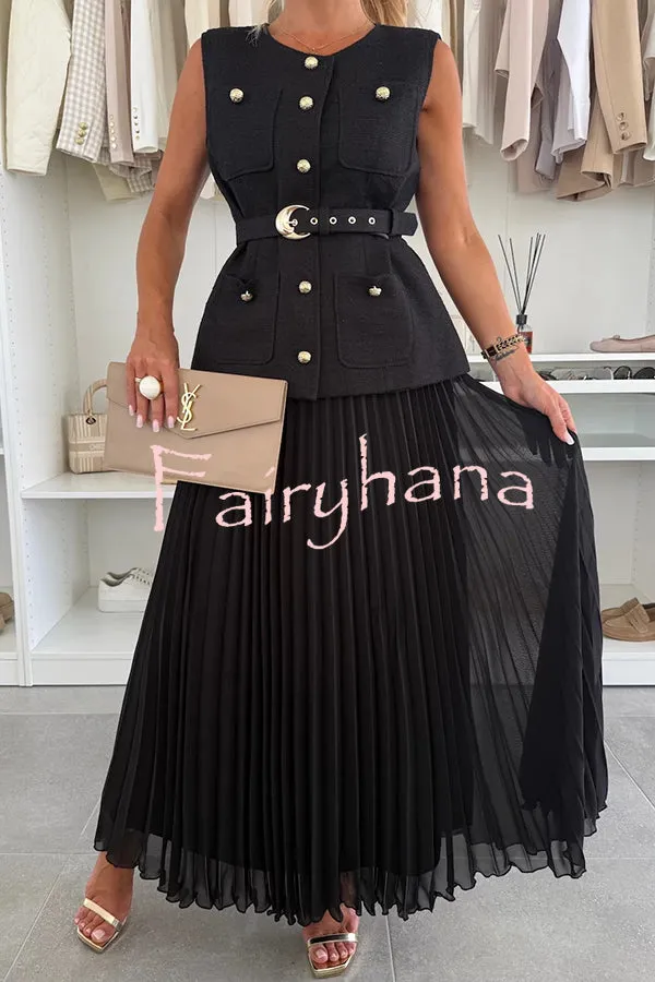 Relaxed and Elegant Round Neck Button Up Belted Pocket Loose Vest