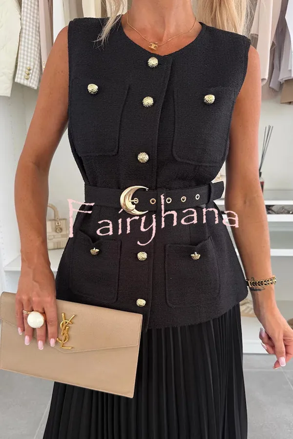 Relaxed and Elegant Round Neck Button Up Belted Pocket Loose Vest