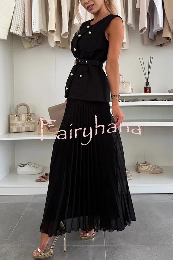 Relaxed and Elegant Round Neck Button Up Belted Pocket Loose Vest
