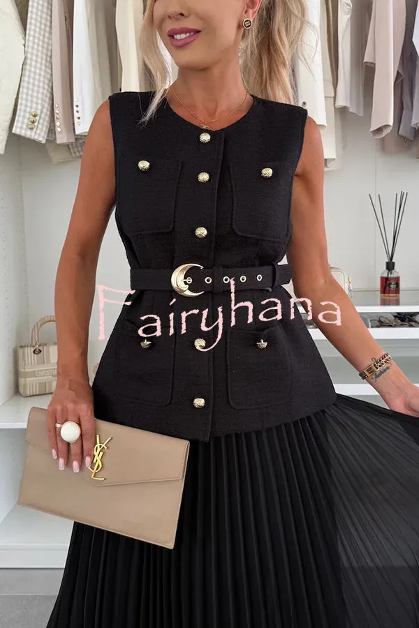 Relaxed and Elegant Round Neck Button Up Belted Pocket Loose Vest